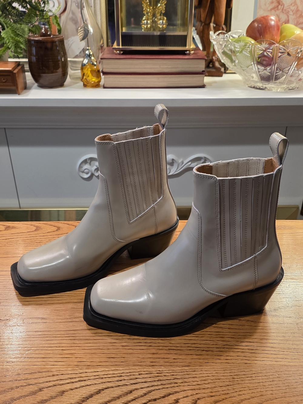 ALOHAS Denver Stone Grey Leather Square Toe Western Chelsea Ankle Boots Size 36